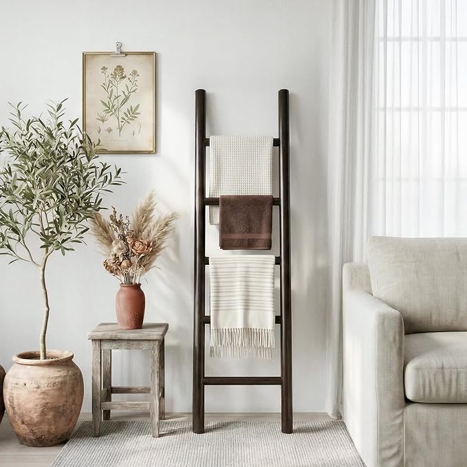 Wooden Blanket Ladder - 57in Natural Wood Color- Leaning Wall Decor for Bedroom, Bathroom, Living Room - Rustic Quilt Holder & Towel Rack (Dark Walnut 57in | Knock Down)