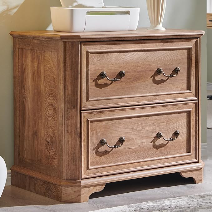 T4TREAM 2 Drawer File Cabinet with 34" Wide Wooden Tabletop, 34" Farmhouse Lateral Filing Cabinet with Smooth Rails, Holds Letter/Legal, Hexagonal Design & Framed Drawer Fronts, Light Knotty Oak
