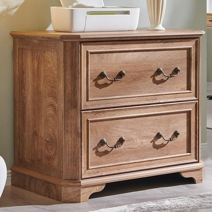 T4TREAM 2 Drawer File Cabinet with 34" Wide Wooden Tabletop, 34" Farmhouse Lateral Filing Cabinet with Smooth Rails, Holds Letter/Legal, Hexagonal Design & Framed Drawer Fronts, Light Knotty Oak