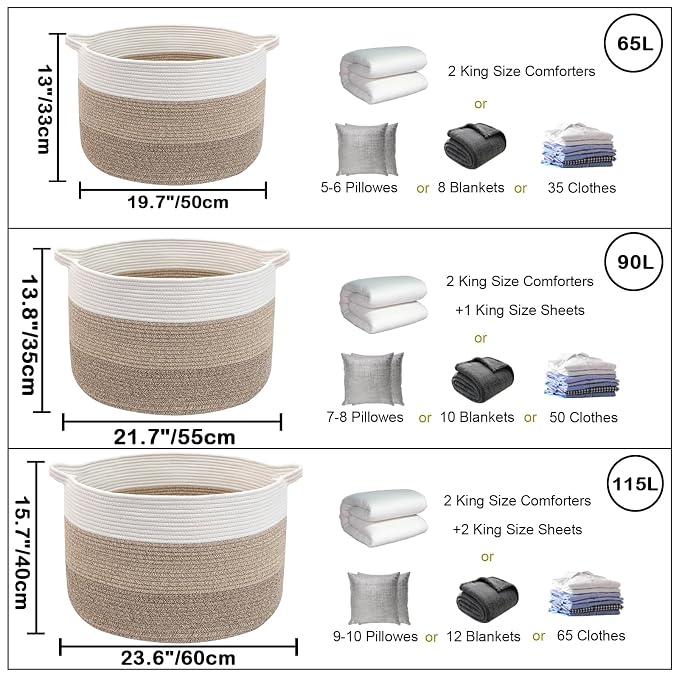 115L Extra Large Blanket Basket,Woven Rope Laundry Basket Hamper with Handles, Decorative Nursery Basket Storage Bin for Toys, Clothes Organizer, Living Room, Bedroom, Bathroom, Brown