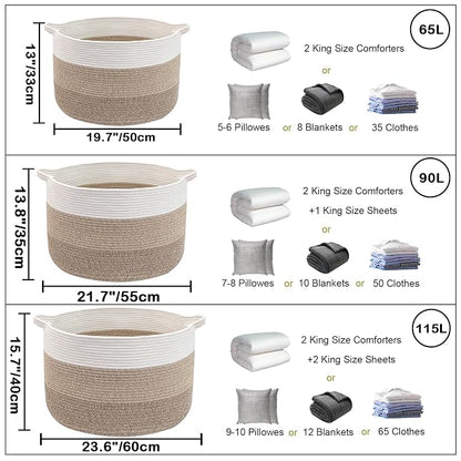115L Extra Large Blanket Basket,Woven Rope Laundry Basket Hamper with Handles, Decorative Nursery Basket Storage Bin for Toys, Clothes Organizer, Living Room, Bedroom, Bathroom, Brown