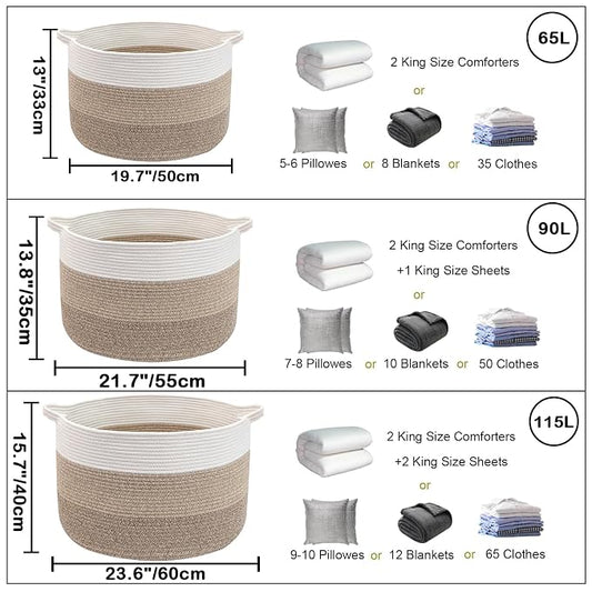 115L Extra Large Blanket Basket,Woven Rope Laundry Basket Hamper with Handles, Decorative Nursery Basket Storage Bin for Toys, Clothes Organizer, Living Room, Bedroom, Bathroom, Brown