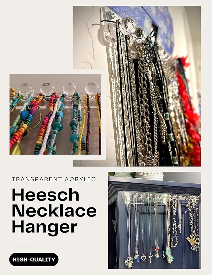 Heesch Necklace Hanger, Acrylic Necklace Holder, Necklace Organizer Wall Mount, Jewelry Hooks for Necklaces, Bracelets, Chains (4-pack Clear Short)