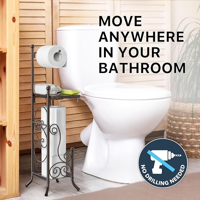 Simple Houseware English Style Bathroom Toilet Tissue Roll Holder Stand with Shelf, Bronze