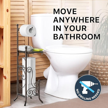 Simple Houseware English Style Bathroom Toilet Tissue Roll Holder Stand with Shelf, Bronze