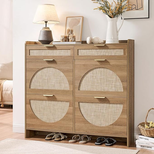 Rattan Shoe Storage Cabinet with 4 Flip Drawers & 2 Drawers, Freestanding Organizer for Front Door Entrance, Hidden Narrow Shoe Rack Cabinet Storage for Entryway, Rustic Oak Rattan