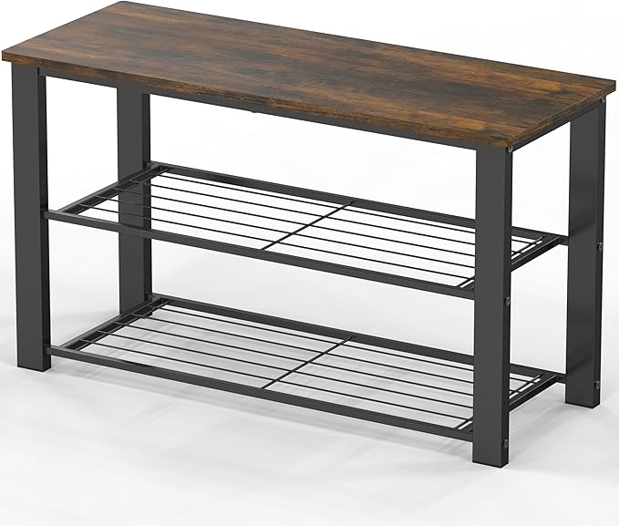 Simple Houseware Wood Top Shoe Storage Bench for Entryway, Rustic Brown