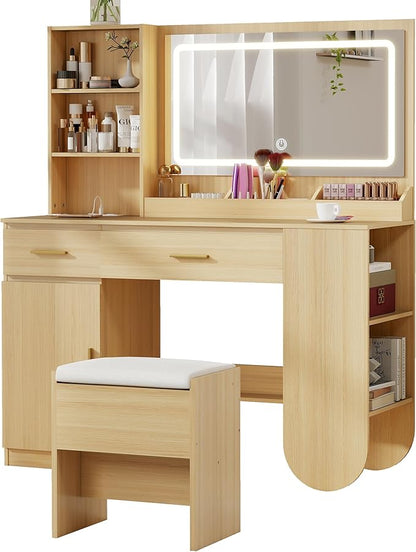 GOODONE 47'' Wood Vanity Desk with Mirror and Lights, Makeup Girls Vanity Set with 2 Drawers, 2 Storage Shelves & 1 Cabinet, Power Outlet, Stool, Dressing Table for Bedroom, Nature