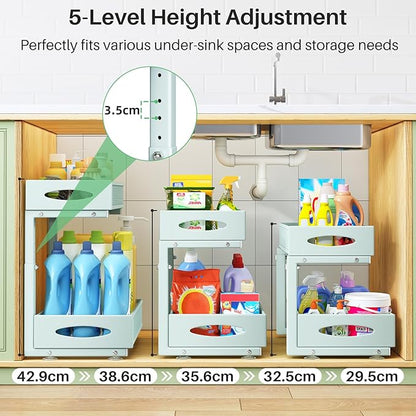 2 Pack Under Sink Organizer, 2 Tier Pull out Cabinet Organizer Mesh Baskets with 5 Adjustable Heights, Sliding Drawers Storage Shelf for Home, Kitchen, Bathroom, Pantry, Office, Countertop ,Blue