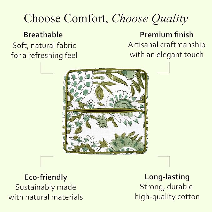 CPC Agate Green Hand Block Printed Cotton Tissue Box Cover 5" x 5" x 5.5" Square Soft Reusable Boho Napkin Holder for Home Kitchen Dining Bathroom Office Cafe Spa Summer Thanksgiving