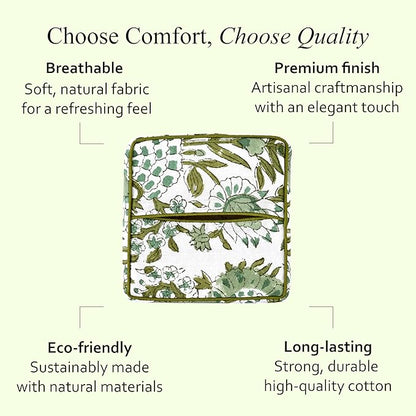 CPC Agate Green Hand Block Printed Cotton Tissue Box Cover 5" x 5" x 5.5" Square Soft Reusable Boho Napkin Holder for Home Kitchen Dining Bathroom Office Cafe Spa Summer Thanksgiving