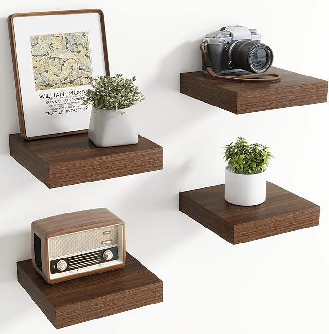 Axeman Square Floating Shelves for Wall, 8" W x 8" D x 1.4" H Rustic Wooden Wall Shelves, 4 Pack Wall Mounted Floating Shelf with Invisible Brackets for Living Room, Bathroom, Kitchen, Walnut Color