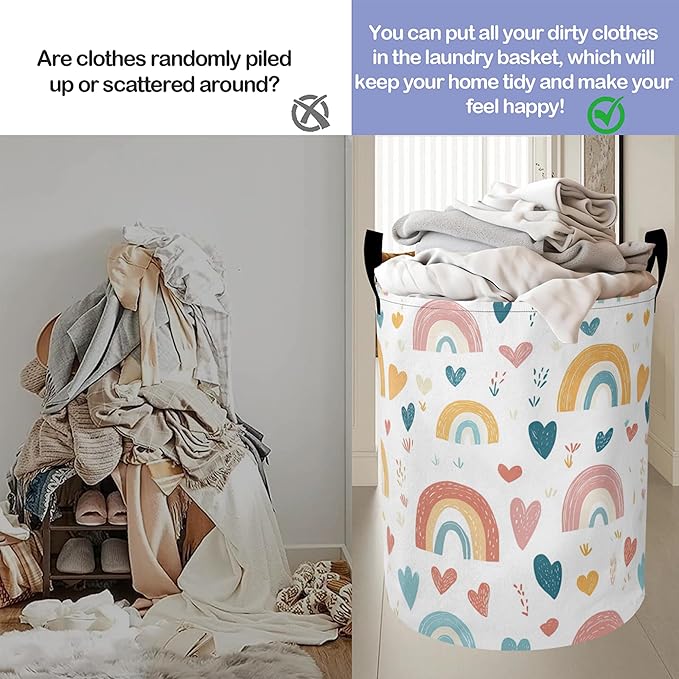 Laundry Basket,Cartoon Rainbow Large Canvas Fabric Lightweight Storage Hamper Organizer Dirty Clothes Collapsible Waterproof for College Dorms,Bathroom