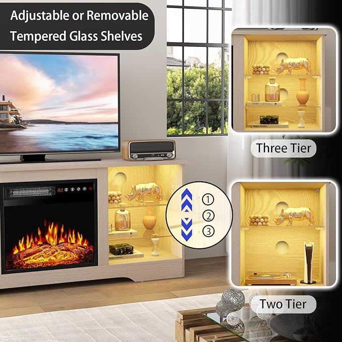 PRETZI Fireplace TV Stand with 18" Fireplace Up to 65" TVs, 58" Entertainment Center with LED Lights, TV Media Console with Adjustable Glass Shelves and Storage Cabinets for Living Room, Beige