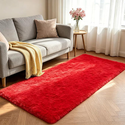 Shag Runner Rug for Bedroom Living Room 2x6 Upgrade Non-Slip Fluffy Soft Bedside Rugs,Red Shaggy Carpet for Livingroom Dorm Home Decor Aesthetic
