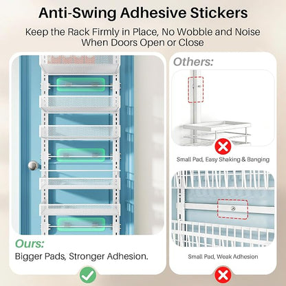 8 Tiers Over the Door Organizer - Height Adjustable Pantry Organizers and Storage with Dense Mesh Baskets, Anti-Swing Hanging Door Spice Rack for Kitchen Bathroom (White, 12.3"W x 4.7"D x 69"H)