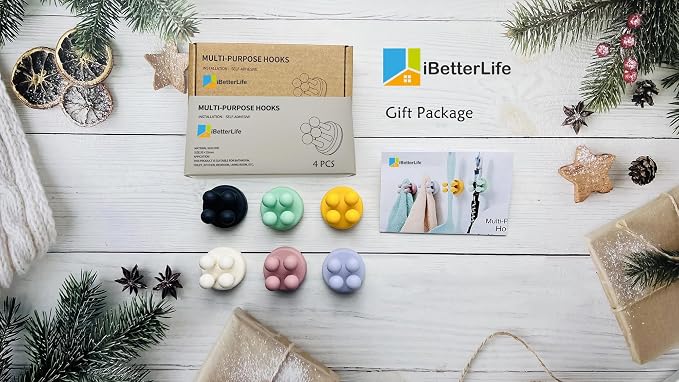 iBetterLife Self-Adhesive Bathroom Toothbrush Holder - 4Pcs Silicone Utility Storage Shower Hook for Razor Towel Tooth Brush, Wall Mounted Home Kitchen Hanging Organizer Dorm Room Essentials for Girls