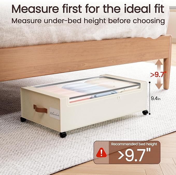 Yecaye 82 L Under Bed Storage with Wheels, 9.4 in Under Bed Storage Containers, Large Under Bed Shoe Storage with Lids, Rolling Underbed Storage bins for Clothes, Blankets, Beige