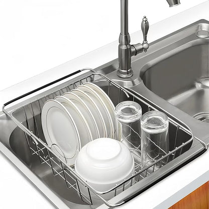 Expandable Dish Drying Rack, Rustproof Stainless Over Sink Dish Drainer Rack Basket Shelf, 304 Stainless Steel Metal Dish Drainer in Sink or On Counter Organizer Dish Dryer Rack for Inside Sink