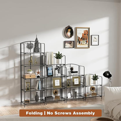 Crofy No Assembly Folding Bookshelf for Living Room, 4 Tier Black Collapsible Book Shelf for Home Office, Portable Bookcase Storage Organizer