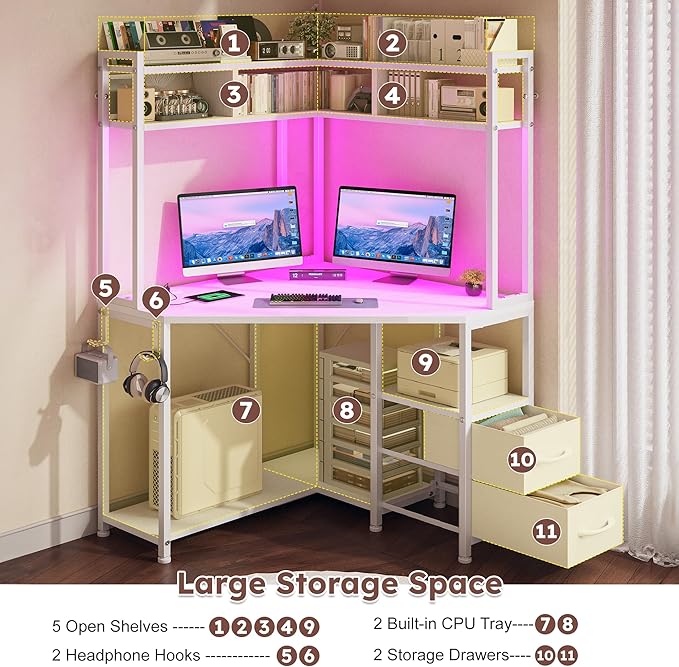 Corner Desk,35.4" W x 63" H Small Computer Desk and Office Desk with Hutch & LED Lights，Gaming Desk with Storage Drawers & Shelves and Hook for Small Space，White
