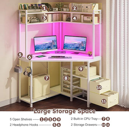 Corner Desk,35.4" W x 63" H Small Computer Desk and Office Desk with Hutch & LED Lights，Gaming Desk with Storage Drawers & Shelves and Hook for Small Space，White