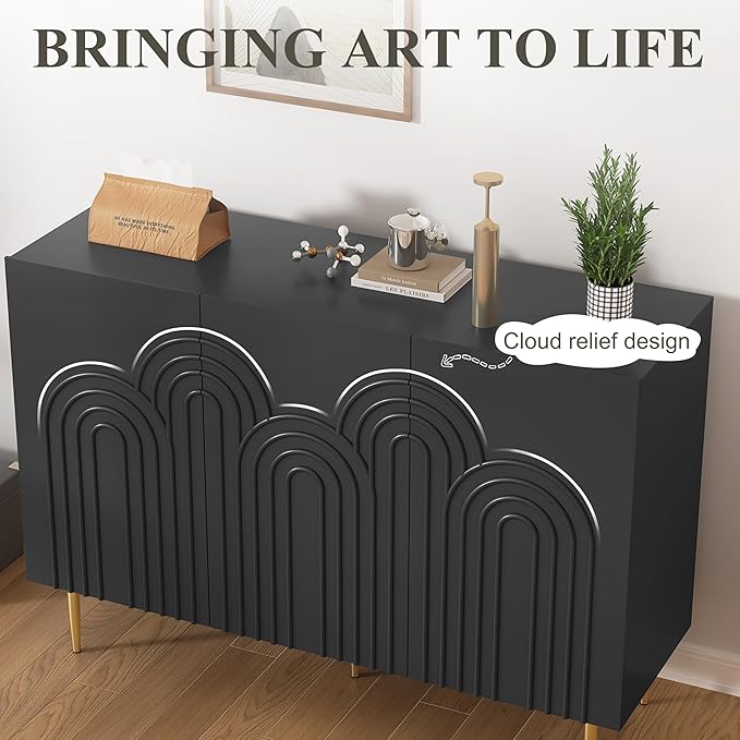 ARTPOWER 47" Accent Cabinet with Cloud Relief, Sideboard Buffet Cabinet with 3 Doors, Modern Decorative Credenza with Storage for Living Room, Kitchen, Dining Room, Hallway, Entryway, Black