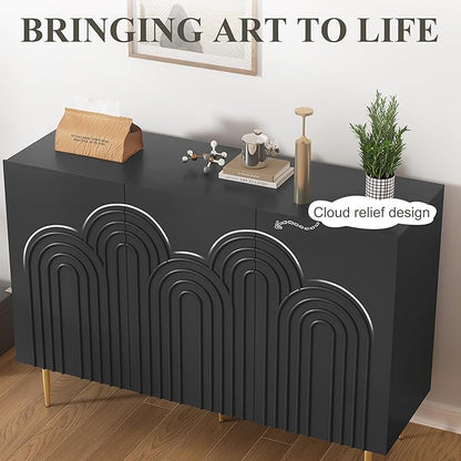 ARTPOWER 47" Accent Cabinet with Cloud Relief, Sideboard Buffet Cabinet with 3 Doors, Modern Decorative Credenza with Storage for Living Room, Kitchen, Dining Room, Hallway, Entryway, Black