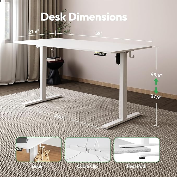 Large Electric Standing Desk,55x28 Inches Adjustable Height Stand up Desk, Sit Stand Home Office Desk, 3 Preset Heights,Equipped with Hooks,Ergonomic Computer Desk Workstation，White
