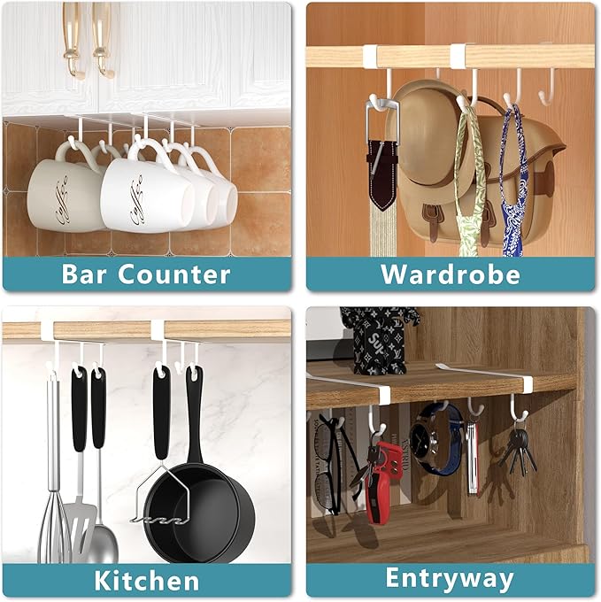 ECROCY Coffee Mug Holder Under Cabinet Only Fits Shelves up to 3/4" Thick, Clip-On Coffee Mug Organizer Pack of 3, No Drilling Free Damage