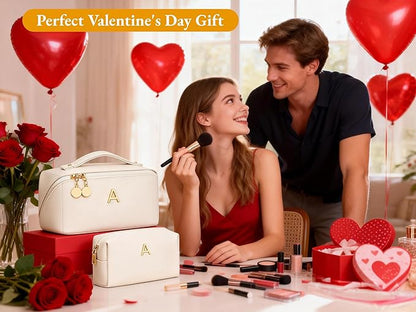 Valentine's Day Gifts for Women Teen Girl, Personalized Initial Makeup Organizer Bag Set, Open Flat Travel Cosmetic Bag With Clear Divider and Handle(Beige,J)