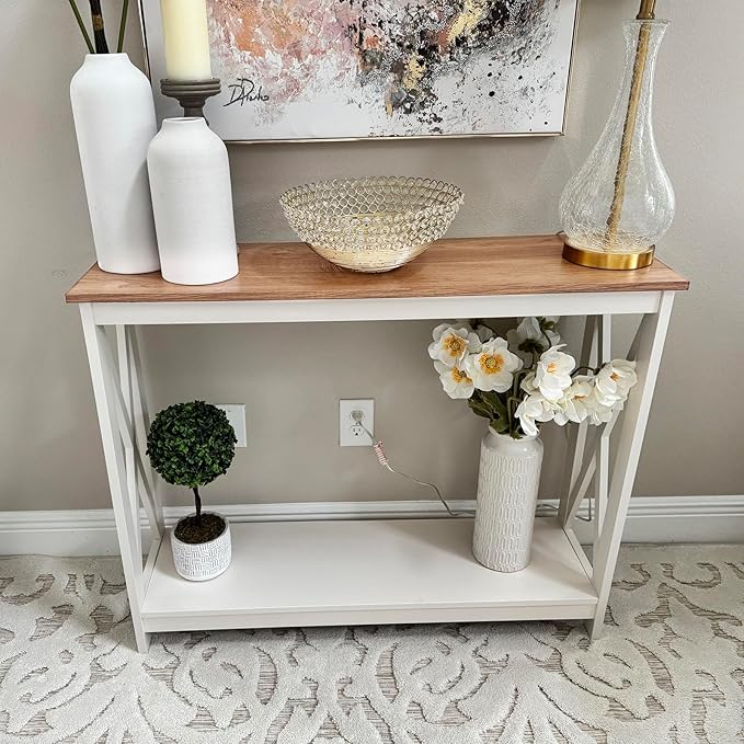 MAISON ARTS Console Table 39.4'', 2-Tier Narrow Sofa Table Behind Couch, Farmhouse Entryway Table with Storage for Living Room, Entrance and Hallway, Easy Assembly, Ivory White