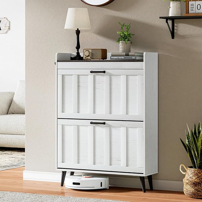ChooChoo Shoe Storage Cabinet with 2 Flip Drawers, Farmhouse Shoe Organizer Storage for Entryway, Freestanding Hidden Slim Narrow Shoe Rack Cabinet, Antique White & Brown