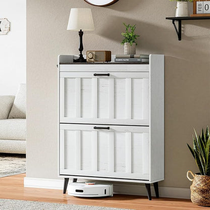 ChooChoo Shoe Storage Cabinet with 2 Flip Drawers, Farmhouse Shoe Organizer Storage for Entryway, Freestanding Hidden Slim Narrow Shoe Rack Cabinet, Antique White & Brown