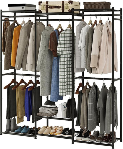 Portable Wardrobe Closet, Triple Column, Clothes Rack for Bedroom with Hanging Areas and Storage Shelves, Tall Freestanding Clothes Organizer