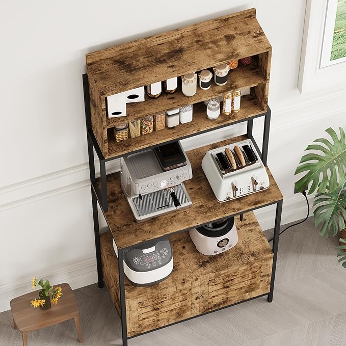 GarveeHome 6-Tier Kitchen Bakers Rack with Power Outlets, Microwave Stand Coffee Bar Cabinet with Storage Shelves & Louvered Door for Home Office Living Room, Rustic Brown