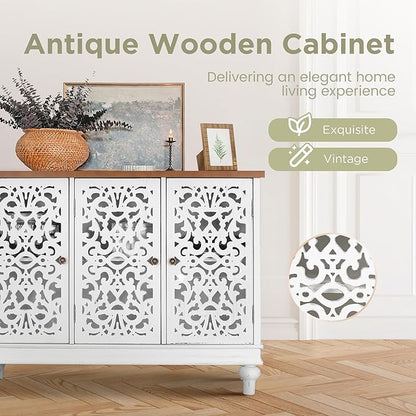 Sophia & William Sideboard and Buffet with Storage, 3-Door Hollow-Carved Accent Cabinet, Distressed Wood Storage Cabinet Cupboard for Kitchen, Dining Room, Living Room, Entryway, White