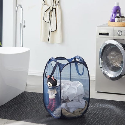 TECHMILLY Collapsible Mesh Pop Up Laundry Hamper with Sturdy Handles and Side Pocket - Portable Foldable Clothes Baskets for Dorm, Bathroom & Travel Storage (Blue, 3 Packs)