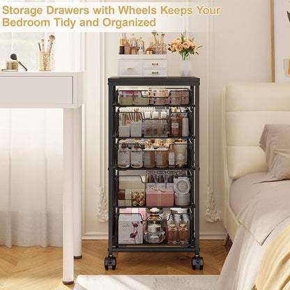 Sbanmao Utility Cart with 5 Drawers, Rolling Storage Cart with Wooden Tabletop and Lockable Wheels, Storage Drawer Cart with Drawers, Craft Cart for Bedroom, Classroom, Home, Office,Black