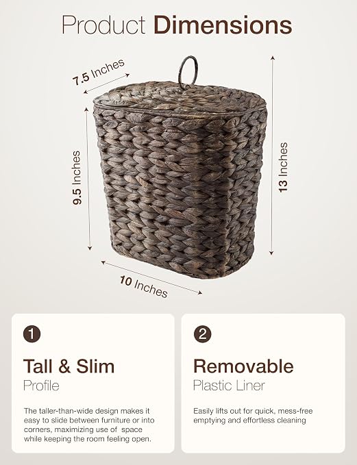 Tidita 1.5 Gallon Wicker Waste Basket with Lid, Removable Liner, Iron Frame | Water Hyacinth Construction, Hand-Woven, Removable Lid, Isolates Odors, Plastic Removable Liner, Iron Frame, Black Color