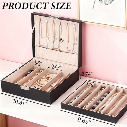 BEWISHOME Jewelry Box Organizer, 2-Layer Necklace Organizer Box, Modern Style Necklace And Bracelet Storage Case, Necklace Case for Women, Girls (Black SSH31B)