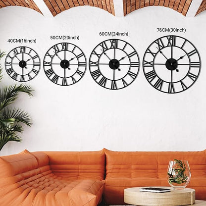 Blorple 20inch/50cm Large Wall Clocks for Living Room Decor,Modern,Battery Operated,Silent,Non Ticking,Big Black Round Wall Clock for Home,Farmhouse,Office,Decoration(Iron Roman Numerals, 20 inches)