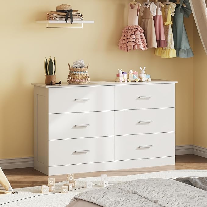 WLIVE White Dresser with 6 Drawers, Wide Wooden Chest of Drawers for Bedroom, Large White Storage Tower Unit, Modern Minimalist Closet Store Organizer for Living Room, Hallway