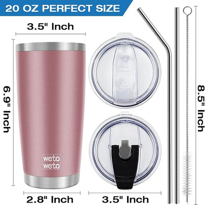 WETOWETO 20oz Insulated Stainless Steel Coffee Mug, Double Wall Vacuum Travel Mug with 2 Lids and 2 Straws, Powder Coated Tumbler Cup (Rose Gold,1)