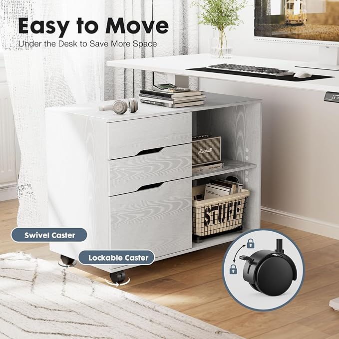 DUMOS Rolling File Cabinet with 3 Drawers, Wood Under Desk Printer Stand with Wheels and Adjustable Shelves, Lateral Filing Cabinet for Home Office, Small Space Storage Organizer, White