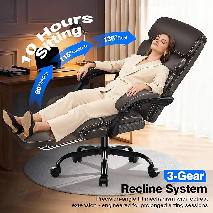 Office Chair - Ergonomic Comfortable High Back Computer Desk Chair with Foot Rest - Executive Breathable Swivel Rolling Reclining Leather Chair with Lumbar Support for Home Gaming Relaxing