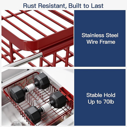 JASIWAY Red Expandable Stainless Steel Dish Drying Rack Over The Sink for Small Kitchen, Counter Space Saving Compact Plate Drainer Strainer, Adjustable Hanging Metal Dish Dryer with Utensil Holder