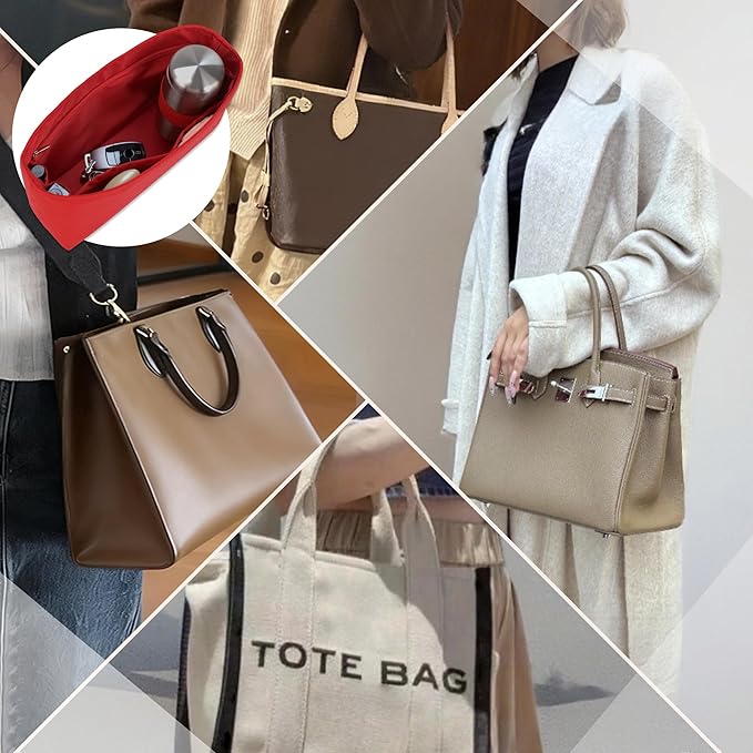 Purse Organizer Insert, Satin Tote Bag Organizer with 8 Sizes, Handbag Dividers for Inside Purse, Compatible with Longchamp, Neverful, 25C Hobo and More Bags（Slender Medium,Ruby）