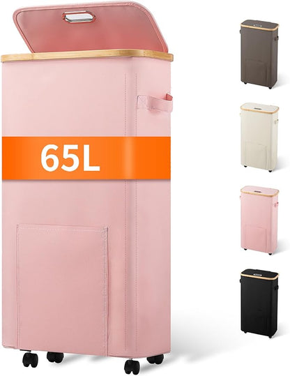 Vincona Laundry Basket with Wheels, Tall Dirty Clothes Hamper on Wheels, Rolling Laundry Hamper with lid for Dorm, Bedroom and Bathroom