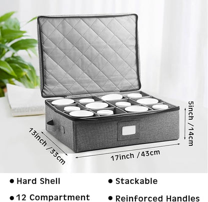 Uiifan 4 Pcs Cup and Mug Storage Box Stemware Storage Cases Containers Holds 12 Coffee Mug and Tea Cup with Lid Handle Wine Glass Box with Insert Cards for Label(Gray)